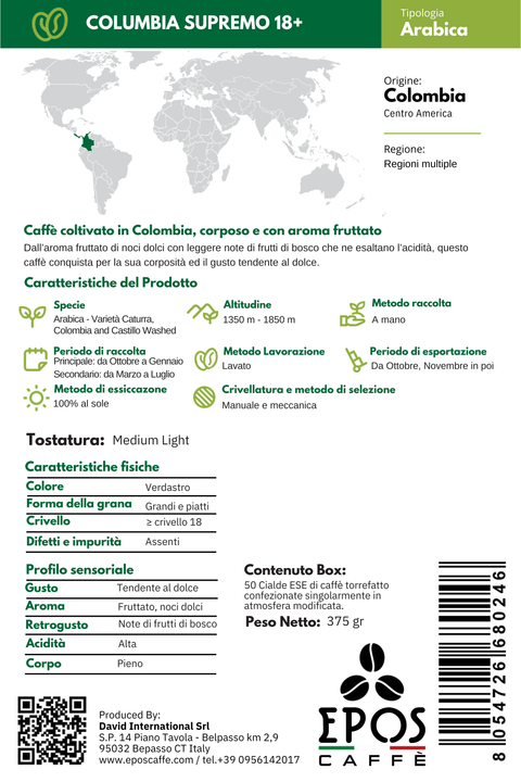 Box da 50 Cialde ESE Monorigine Arabica Columbia Supremo 18+