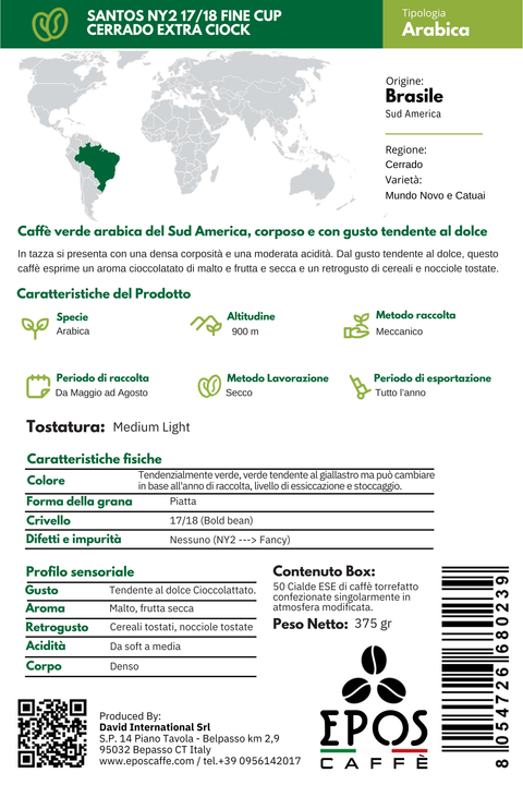 Box da 50 Cialde ESE Monorigine Arabica Santos Fine Cup 17/18
